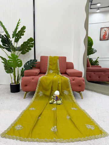 Party Wear Mustard Color Chiffon With Thread Work Designer Gown