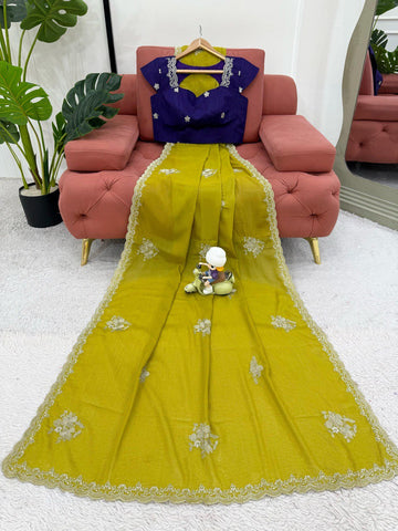 Party Wear Mustard Color Chiffon With Thread Work Designer Gown