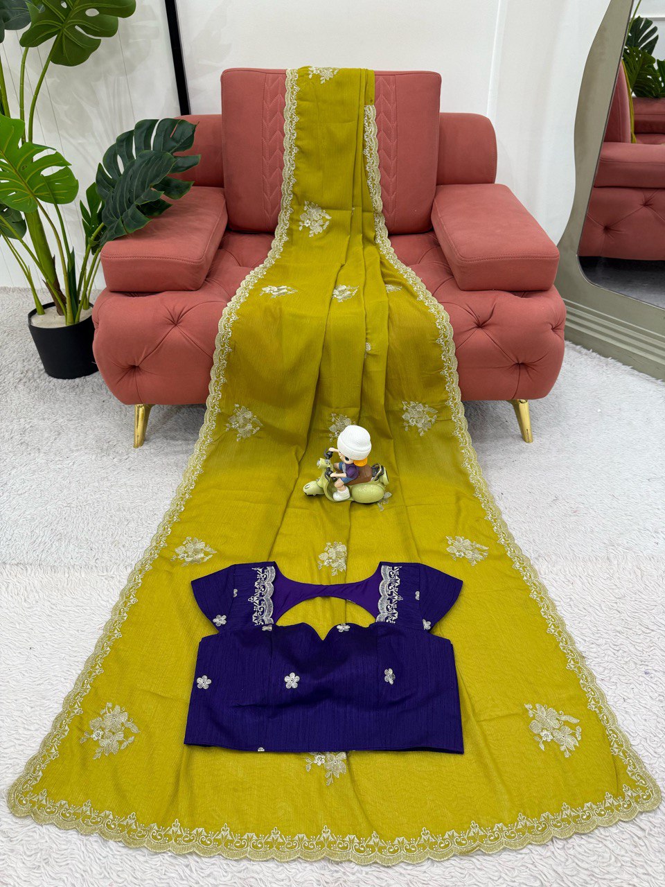Party Wear Mustard Color Chiffon With Thread Work Designer Gown