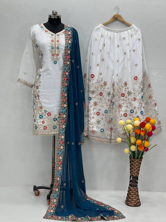 Wedding Wear Teal Blue Color Heavy Faux Georgette Embroidery Sequences With Stone Hand Work Palazzo Suit