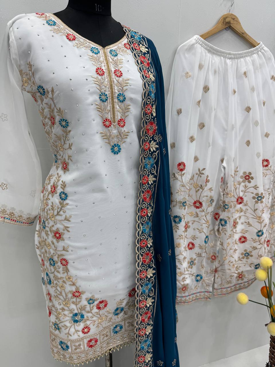Wedding Wear Teal Blue Color Heavy Faux Georgette Embroidery Sequences With Stone Hand Work Palazzo Suit