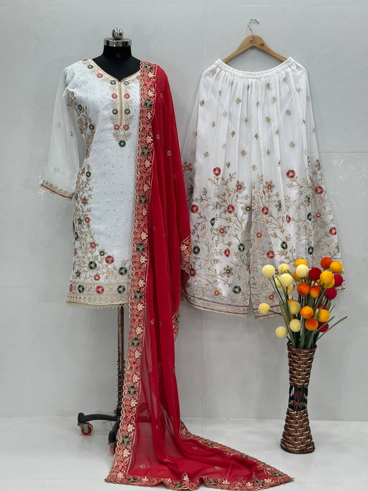 Wedding Wear Red Color Heavy Faux Georgette Embroidery Sequences With Stone Hand Work Palazzo Suit