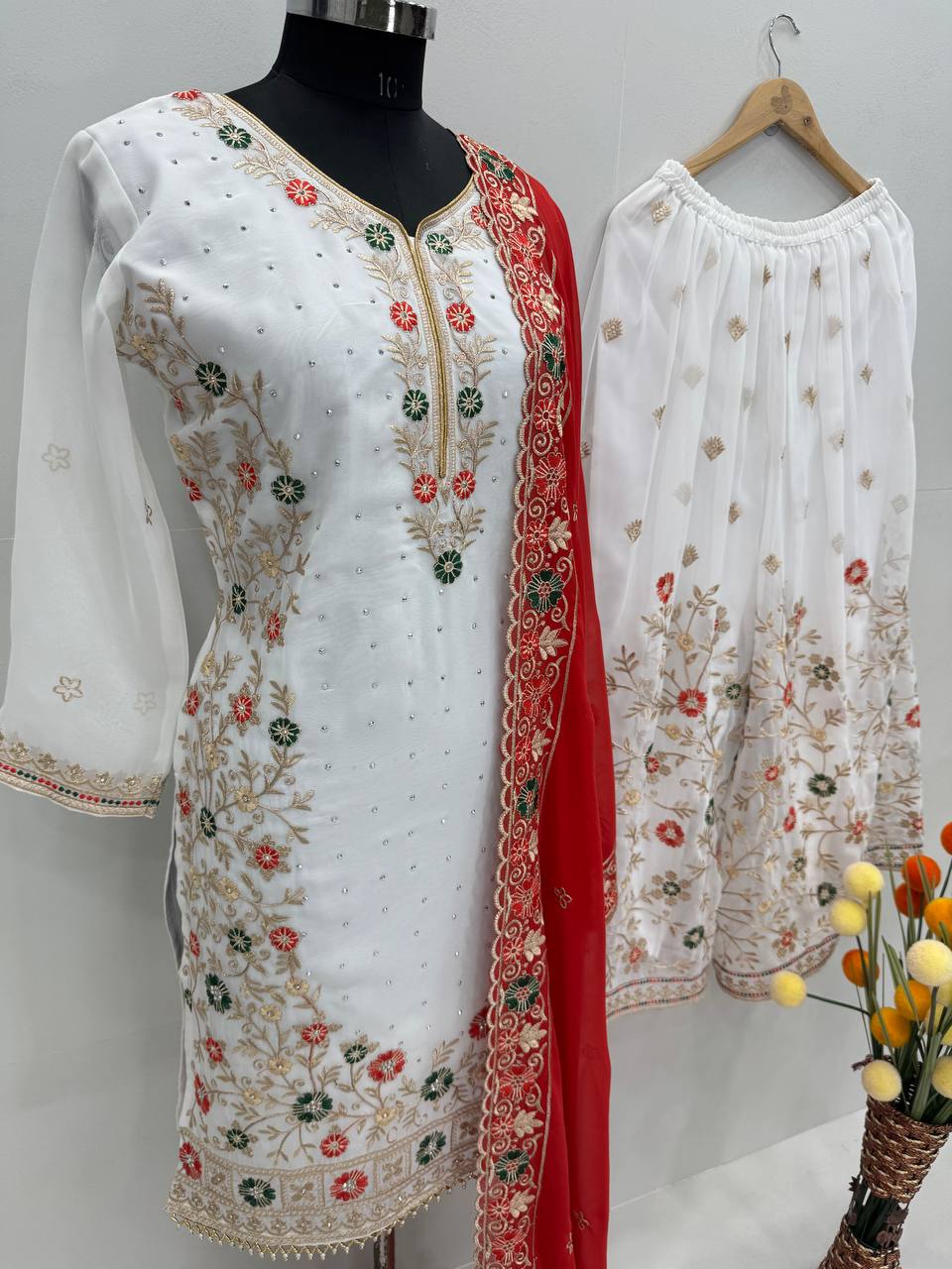 Wedding Wear Red Color Heavy Faux Georgette Embroidery Sequences With Stone Hand Work Palazzo Suit