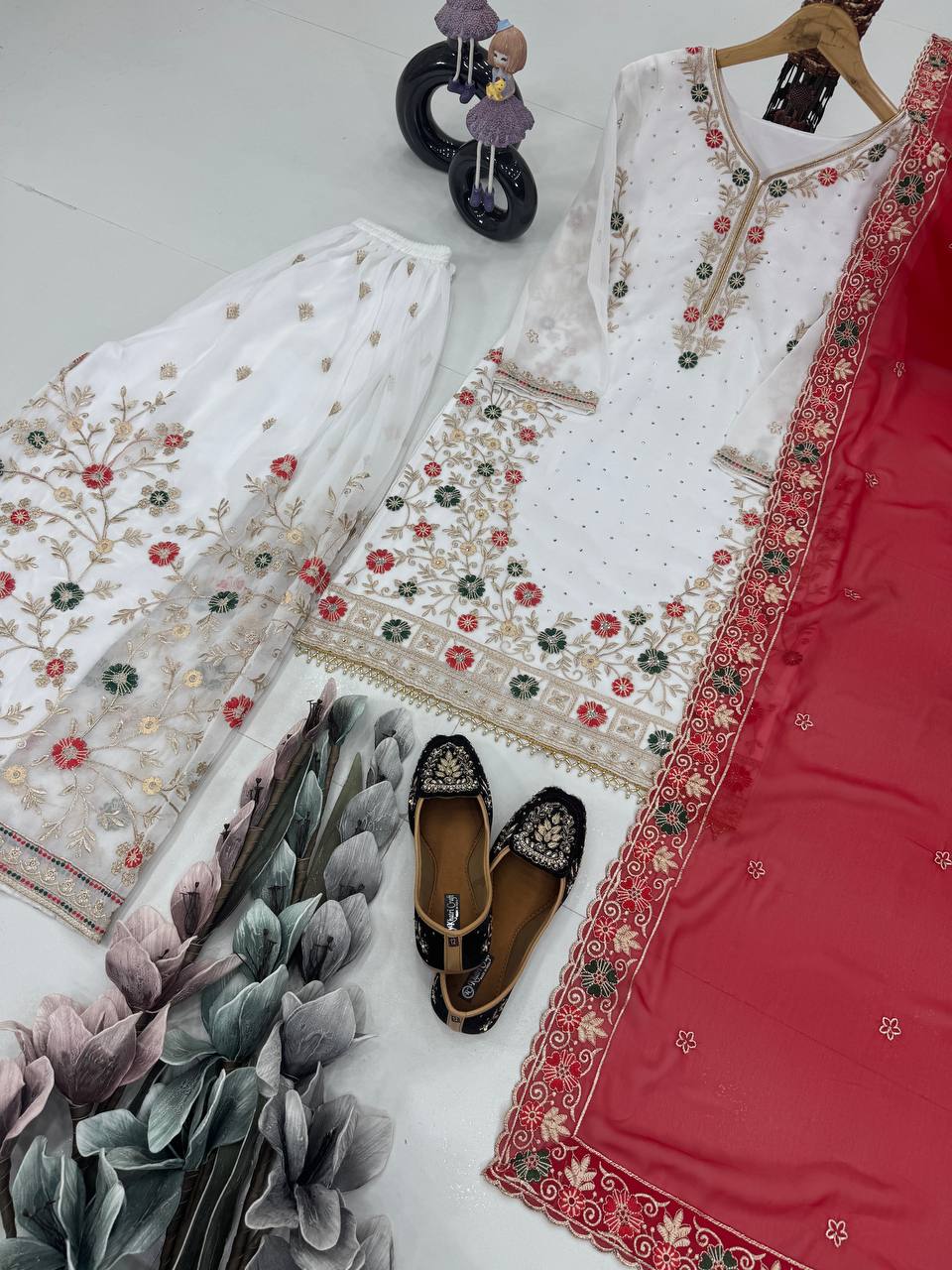 Wedding Wear Red Color Heavy Faux Georgette Embroidery Sequences With Stone Hand Work Palazzo Suit