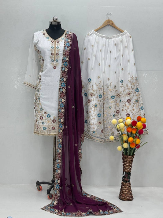 Wedding Wear Purple Color Heavy Faux Georgette Embroidery Sequences With Stone Hand Work Palazzo Suit