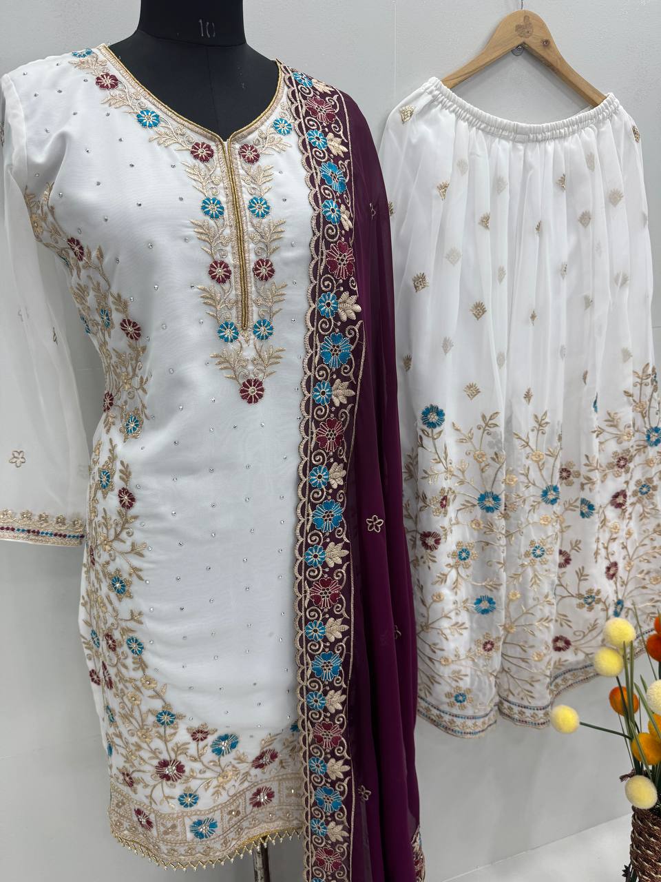 Wedding Wear Purple Color Heavy Faux Georgette Embroidery Sequences With Stone Hand Work Palazzo Suit