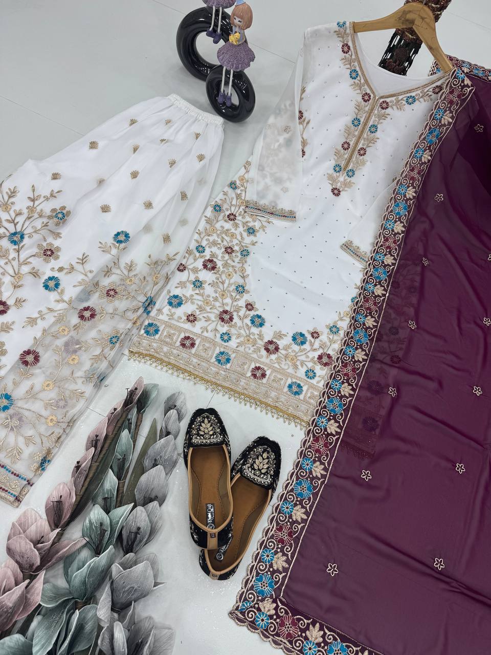 Wedding Wear Purple Color Heavy Faux Georgette Embroidery Sequences With Stone Hand Work Palazzo Suit
