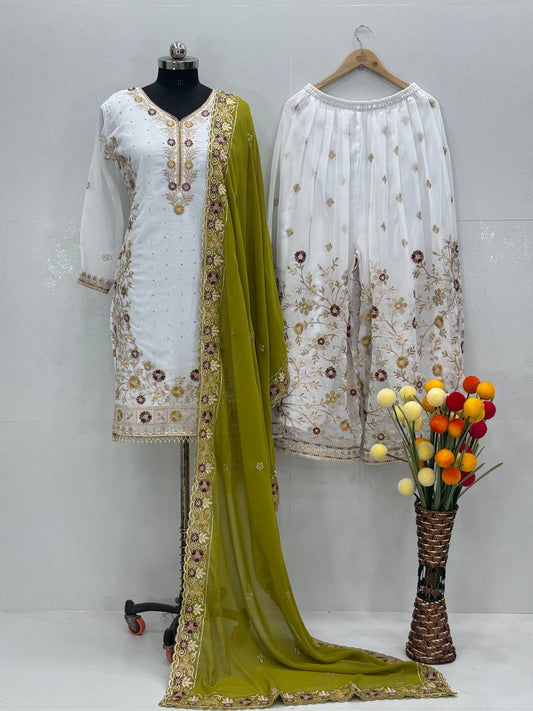 Wedding Wear Green Color Heavy Faux Georgette Embroidery Sequences With Stone Hand Work Palazzo Suit