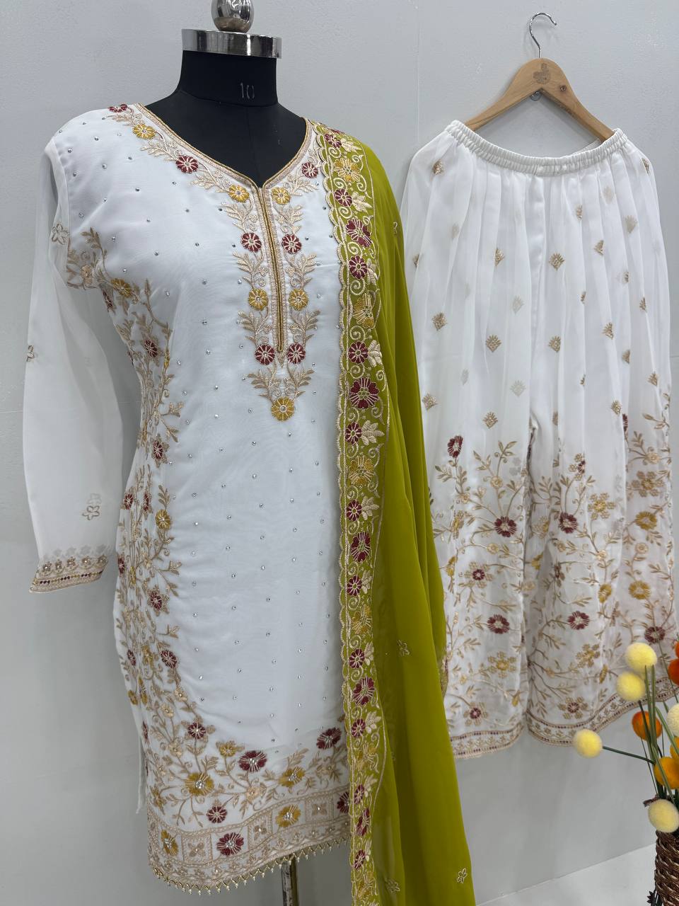 Wedding Wear Green Color Heavy Faux Georgette Embroidery Sequences With Stone Hand Work Palazzo Suit
