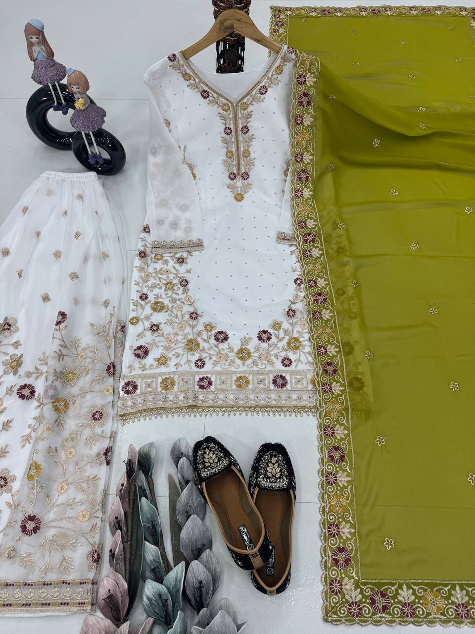 Wedding Wear Green Color Heavy Faux Georgette Embroidery Sequences With Stone Hand Work Palazzo Suit