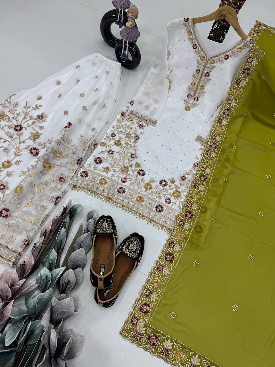 Wedding Wear Green Color Heavy Faux Georgette Embroidery Sequences With Stone Hand Work Palazzo Suit