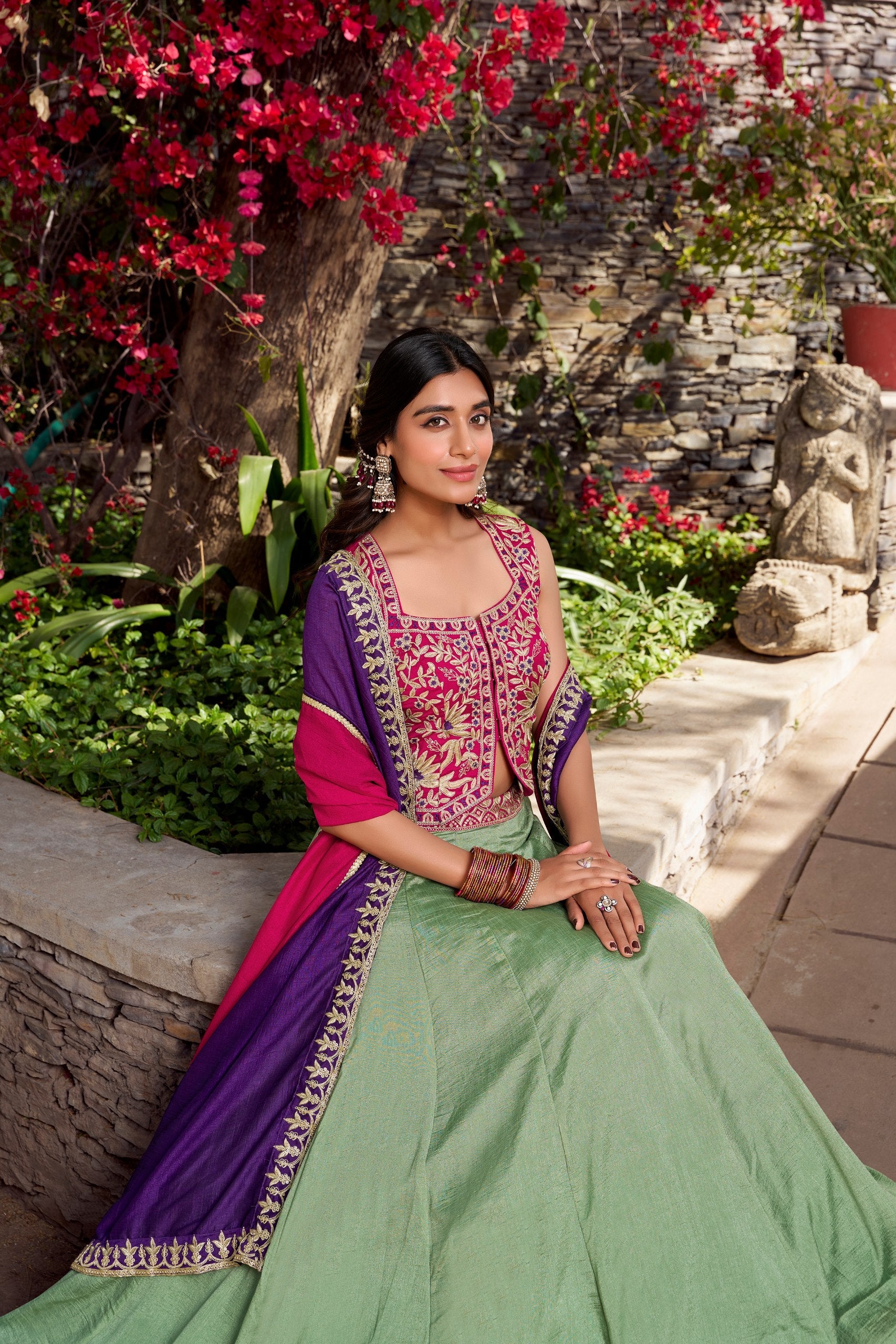 Presenting Light Green Color Vichitra Silk With Sequins And Thread Embroidery Work Belt Lehenga Choli