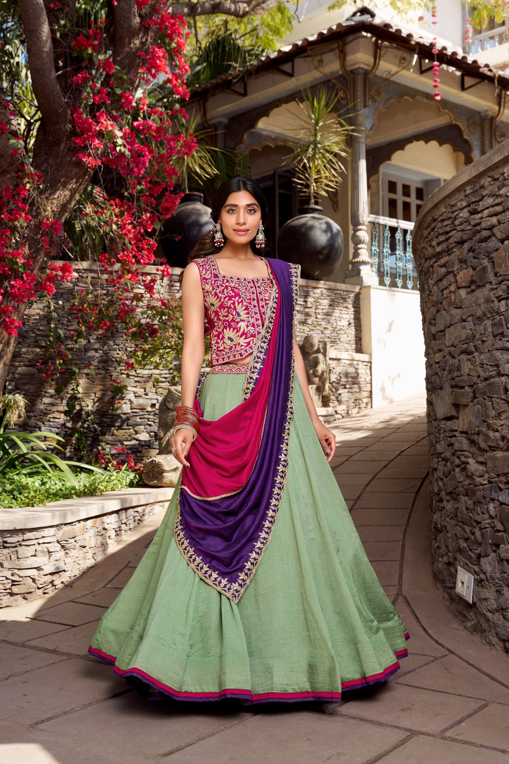 Presenting Light Green Color Vichitra Silk With Sequins And Thread Embroidery Work Belt Lehenga Choli