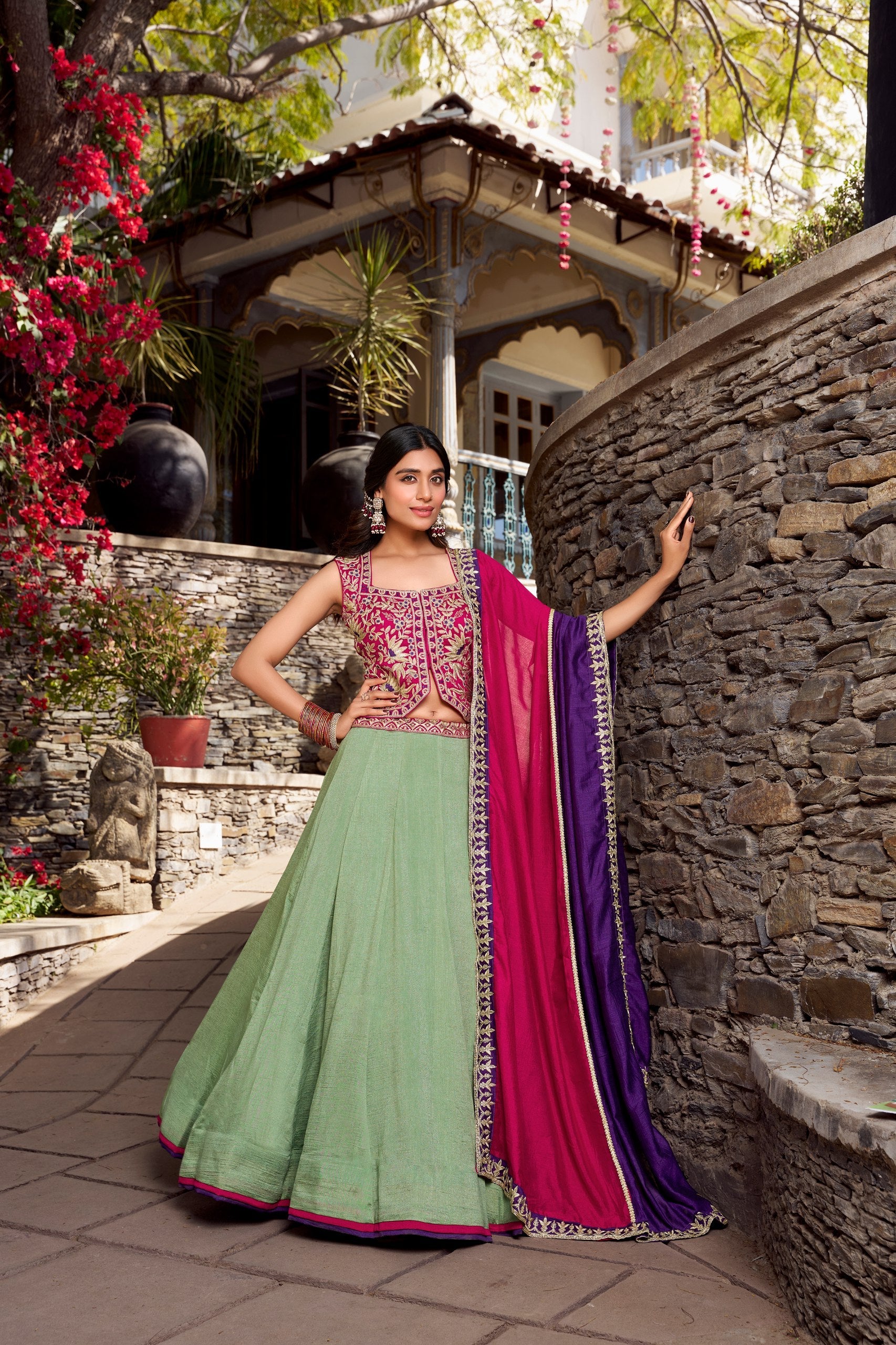 Presenting Light Green Color Vichitra Silk With Sequins And Thread Embroidery Work Belt Lehenga Choli