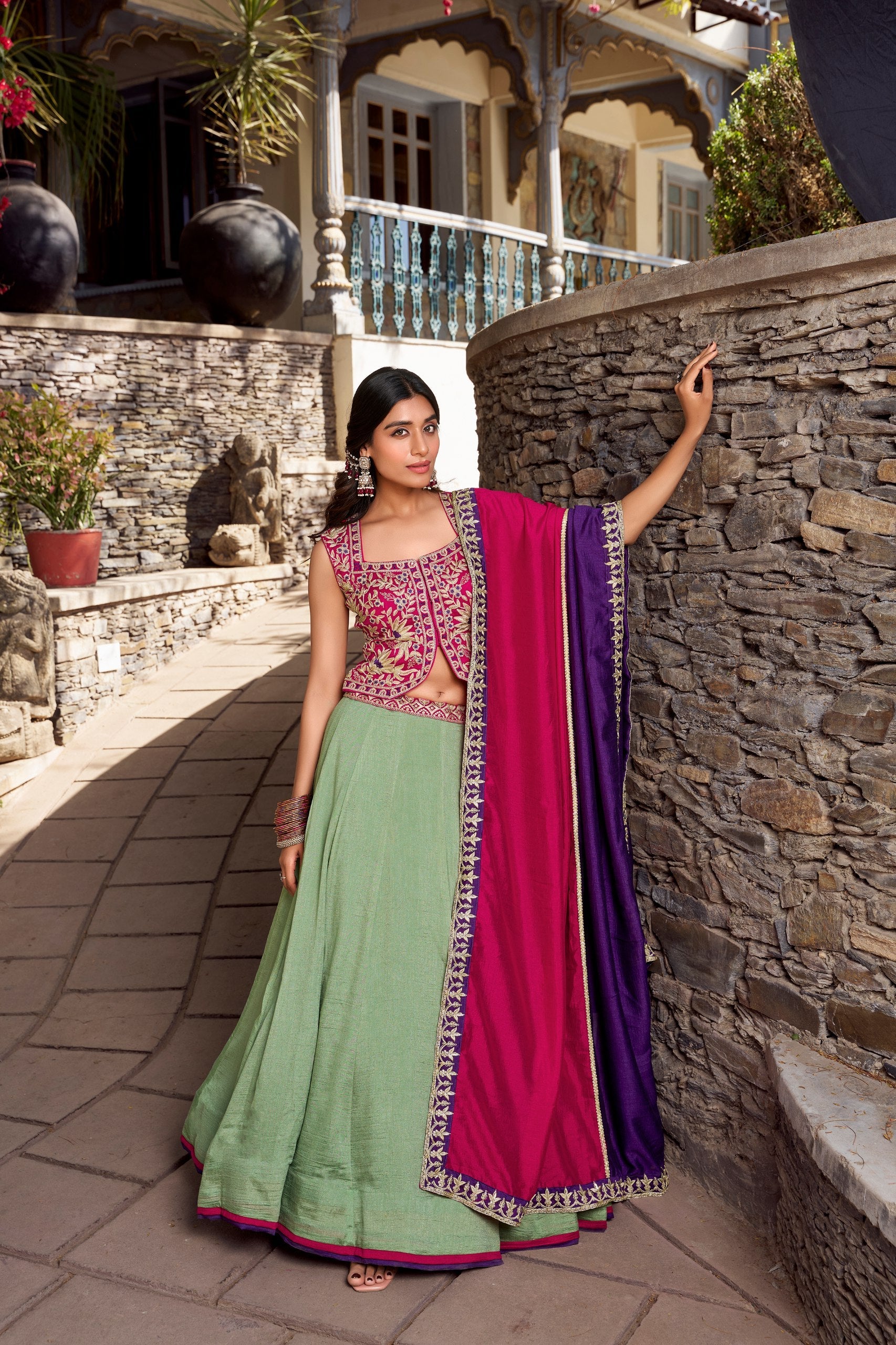 Presenting Light Green Color Vichitra Silk With Sequins And Thread Embroidery Work Belt Lehenga Choli