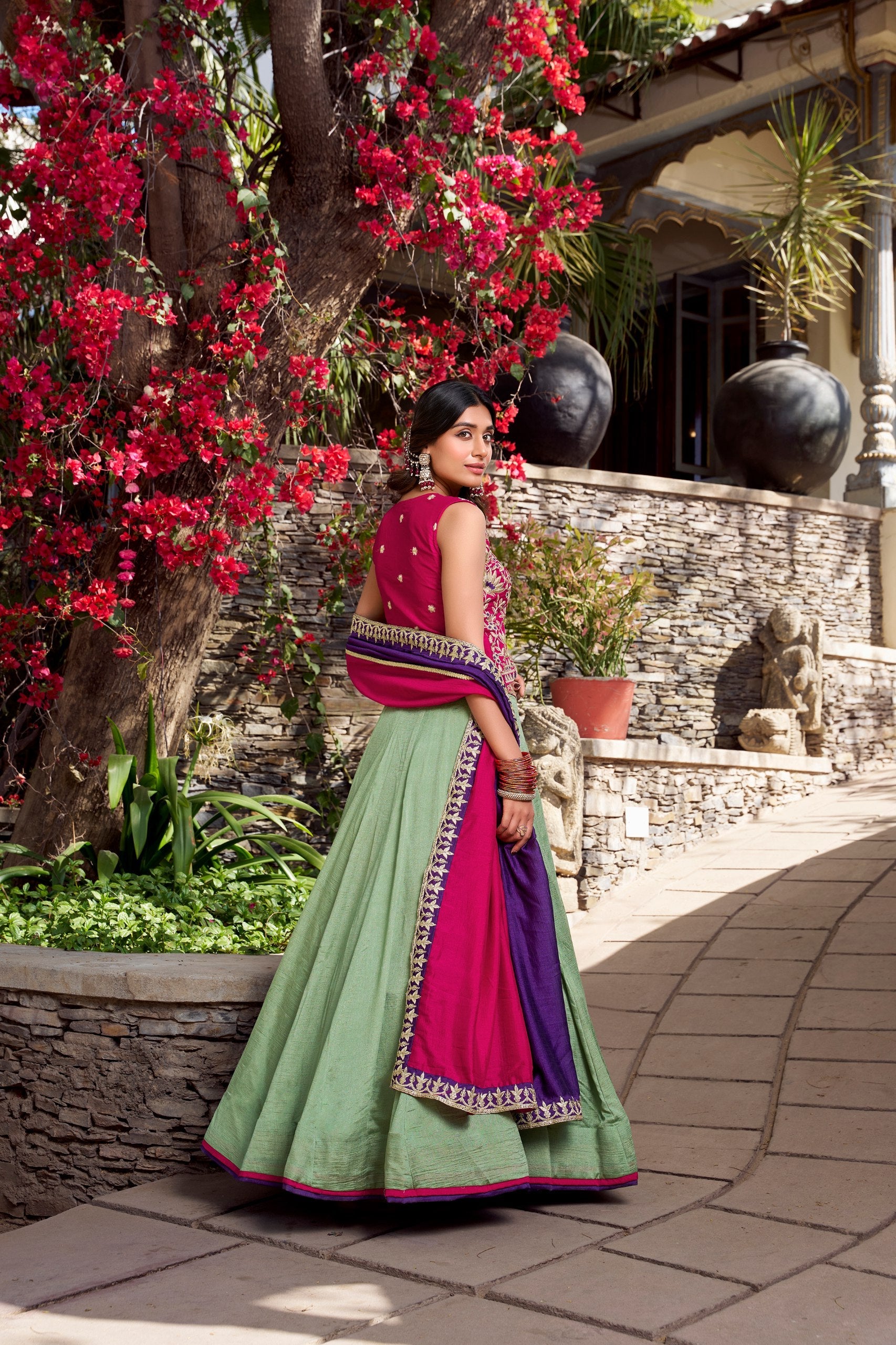 Presenting Light Green Color Vichitra Silk With Sequins And Thread Embroidery Work Belt Lehenga Choli