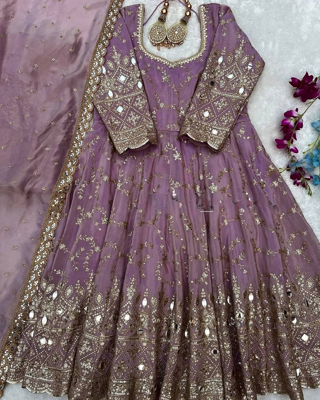 Fantastic Lavender Color Heavy Chinon Silk With Embroidery Sequence Work Anarkali Gown