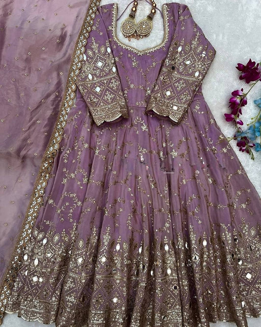 Fantastic Lavender Color Heavy Chinon Silk With Embroidery Sequence Work Anarkali Gown