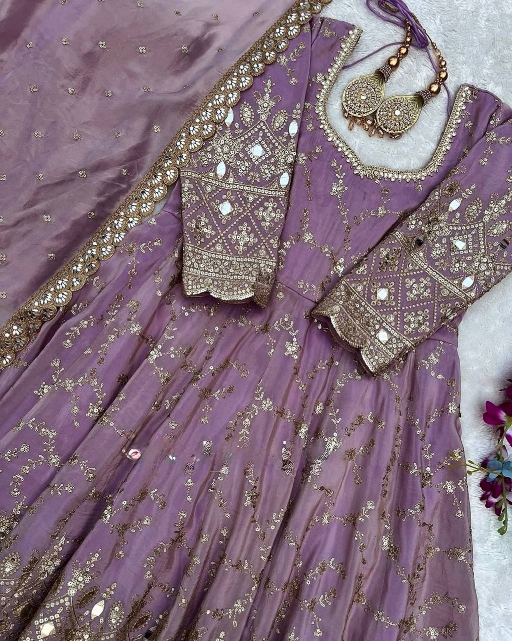 Fantastic Lavender Color Heavy Chinon Silk With Embroidery Sequence Work Anarkali Gown