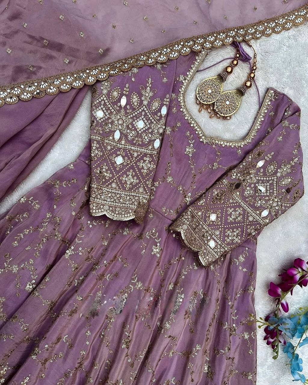 Fantastic Lavender Color Heavy Chinon Silk With Embroidery Sequence Work Anarkali Gown