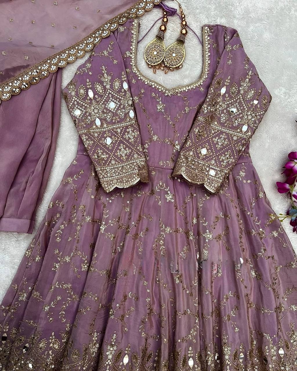 Fantastic Lavender Color Heavy Chinon Silk With Embroidery Sequence Work Anarkali Gown