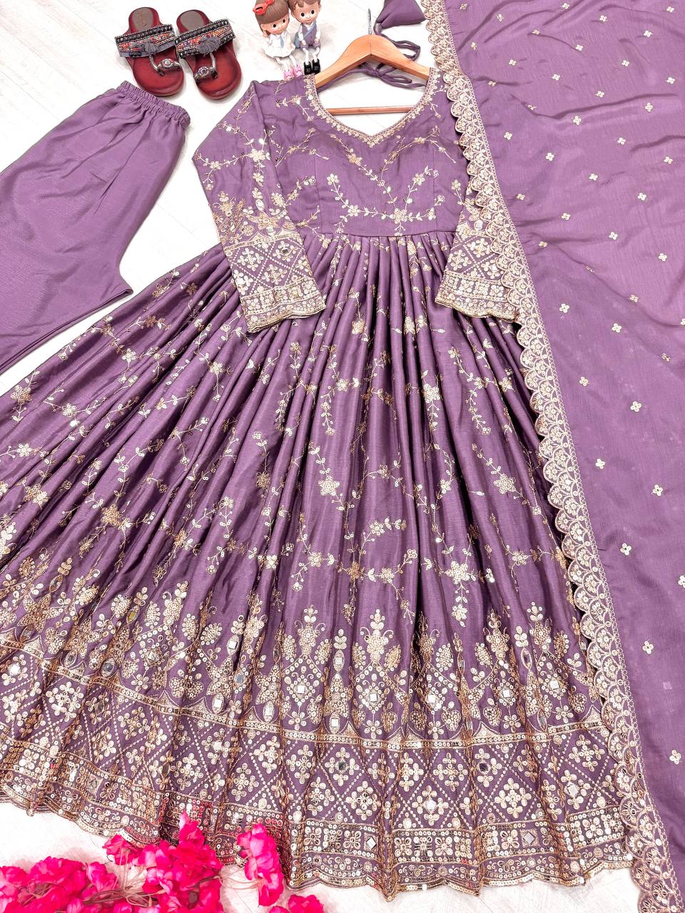 Fantastic Lavender Color Heavy Chinon Silk With Embroidery Sequence Work Anarkali Gown