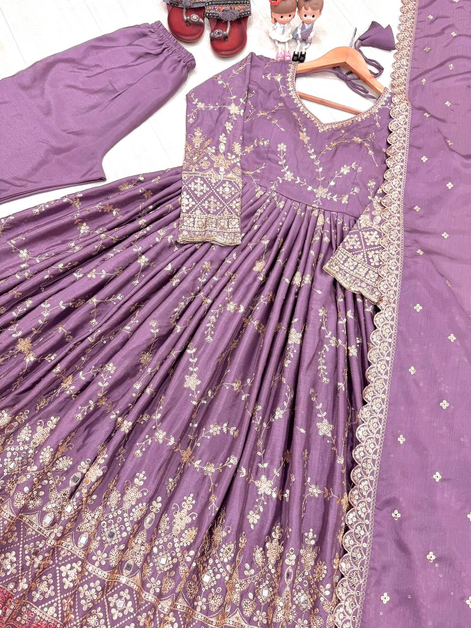 Fantastic Lavender Color Heavy Chinon Silk With Embroidery Sequence Work Anarkali Gown