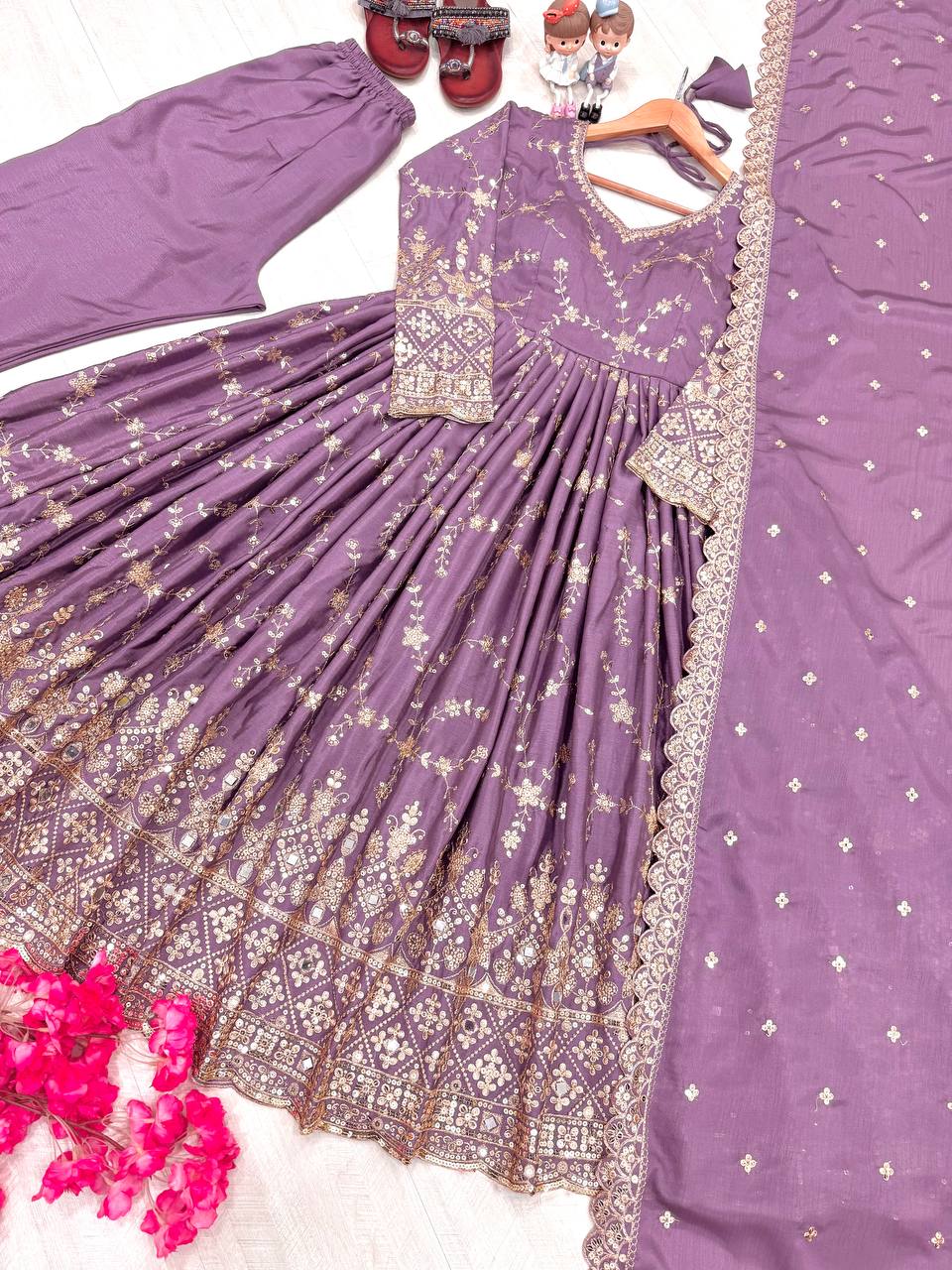 Fantastic Lavender Color Heavy Chinon Silk With Embroidery Sequence Work Anarkali Gown