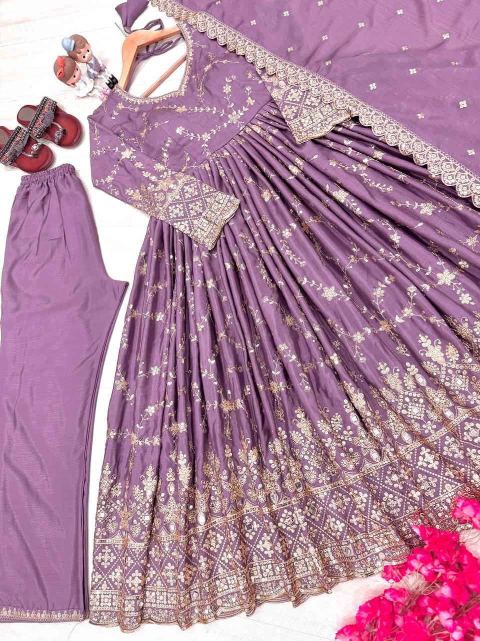 Fantastic Lavender Color Heavy Chinon Silk With Embroidery Sequence Work Anarkali Gown