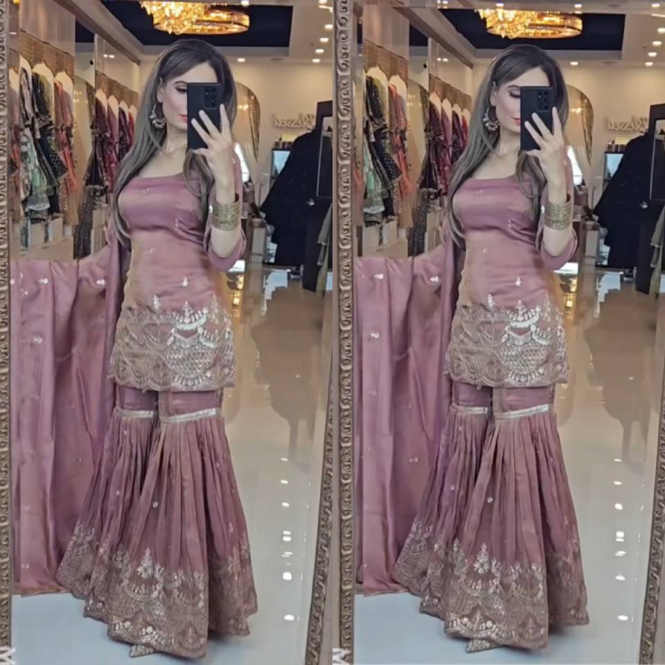 Charming Peach Color Natural Silk With Heavy Embroidery Work Beautiful Sharara Suit