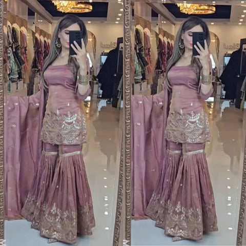 Charming Peach Color Natural Silk With Heavy Embroidery Work Beautiful Sharara Suit