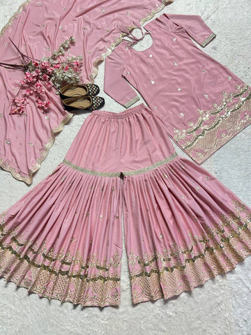 Charming Peach Color Natural Silk With Heavy Embroidery Work Beautiful Sharara Suit