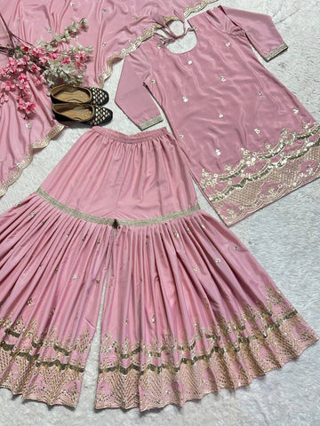 Charming Peach Color Natural Silk With Heavy Embroidery Work Beautiful Sharara Suit