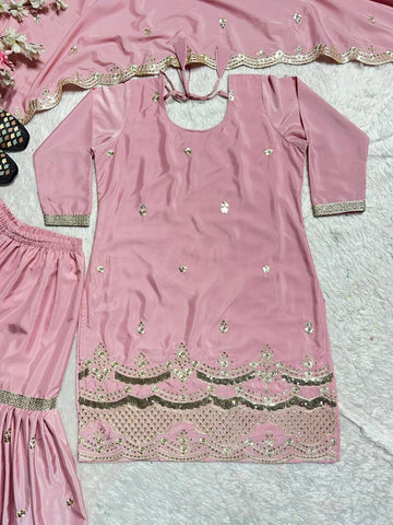 Charming Peach Color Natural Silk With Heavy Embroidery Work Beautiful Sharara Suit