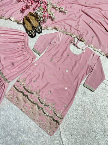 Charming Peach Color Natural Silk With Heavy Embroidery Work Beautiful Sharara Suit