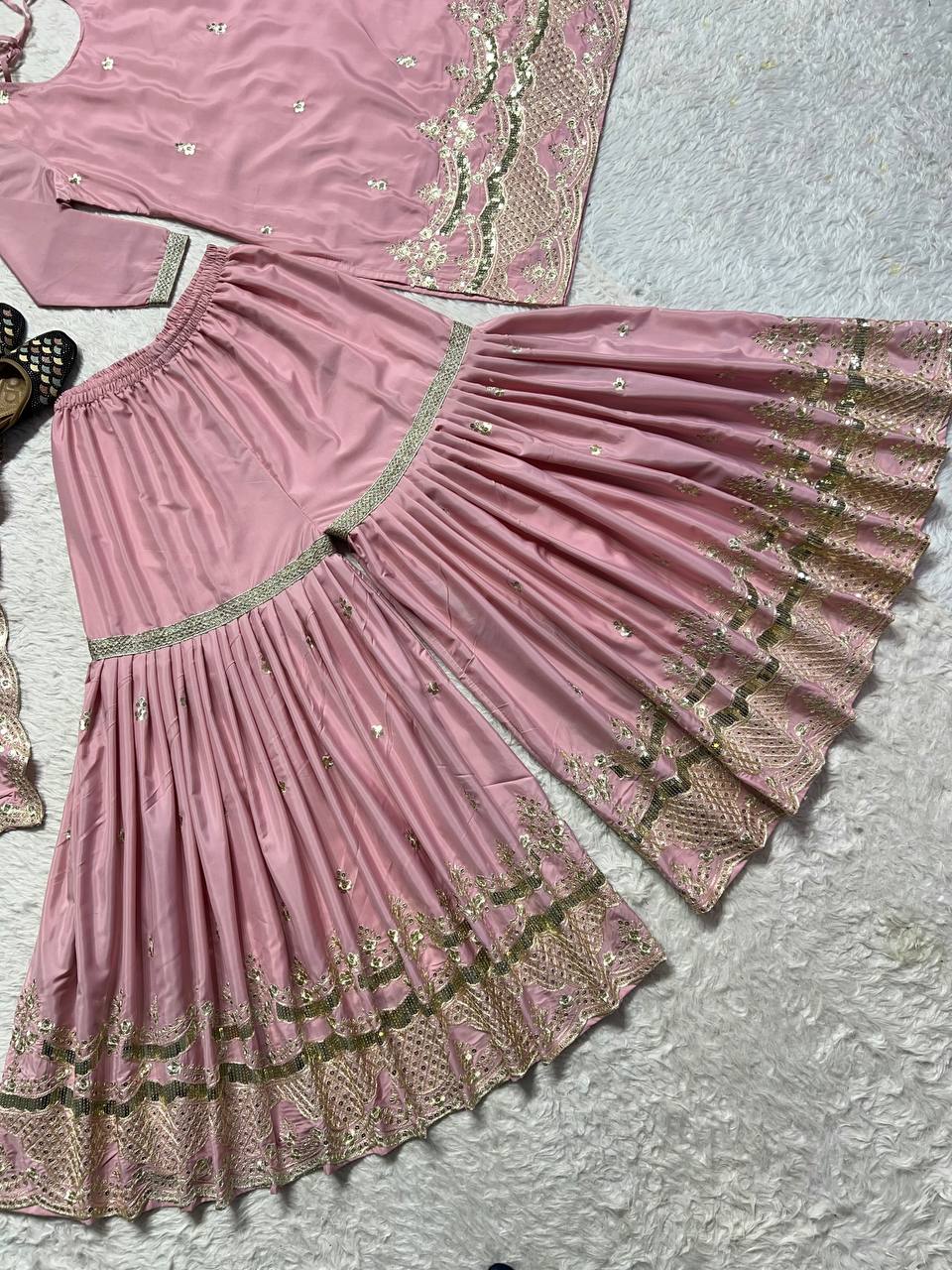 Charming Peach Color Natural Silk With Heavy Embroidery Work Beautiful Sharara Suit