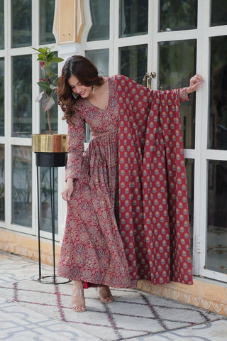 Fabulous Maroon Color Pure Cotton Designer Anarkali Suit