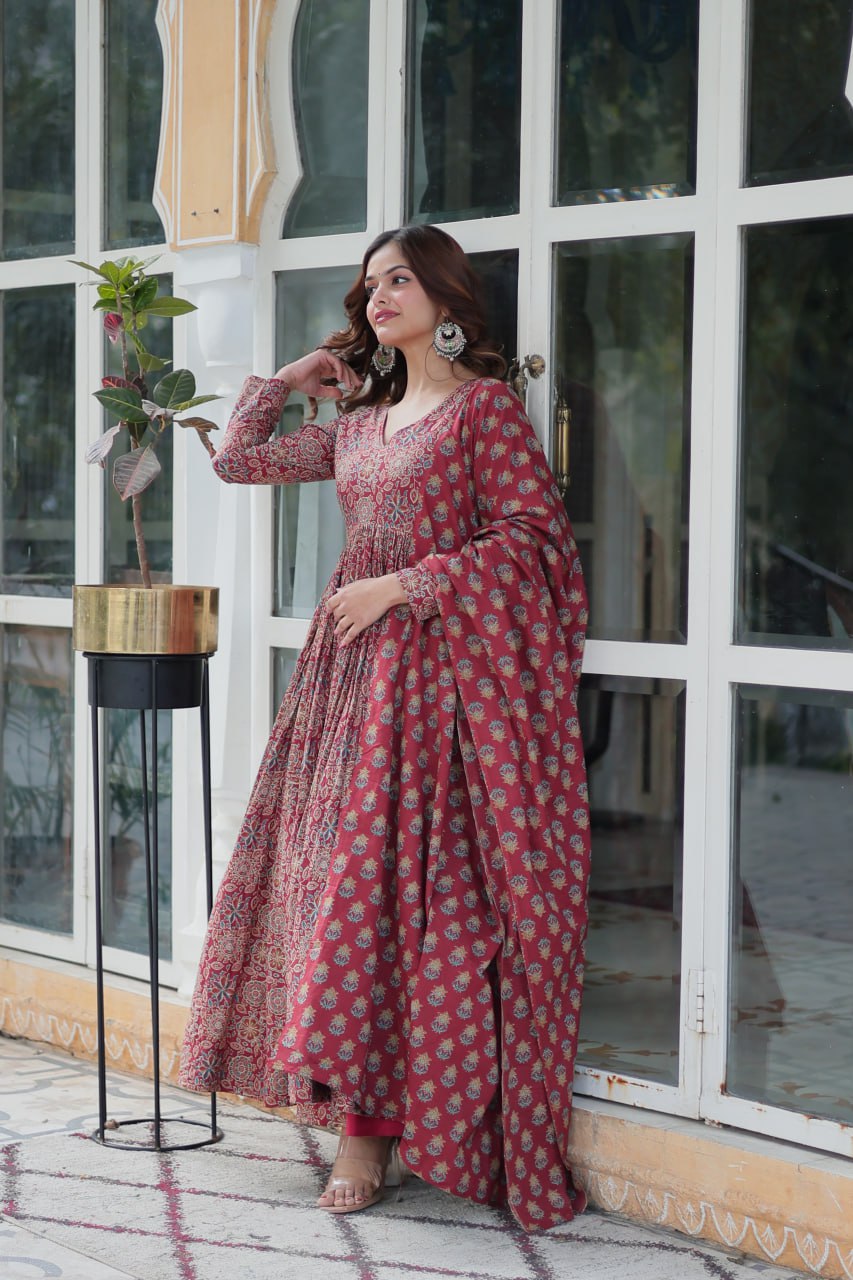 Fabulous Maroon Color Pure Cotton Designer Anarkali Suit