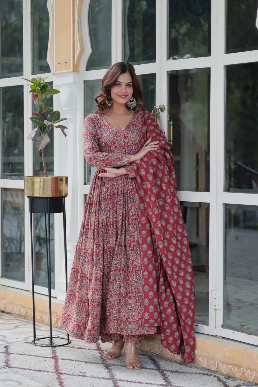 Fabulous Maroon Color Pure Cotton Designer Anarkali Suit