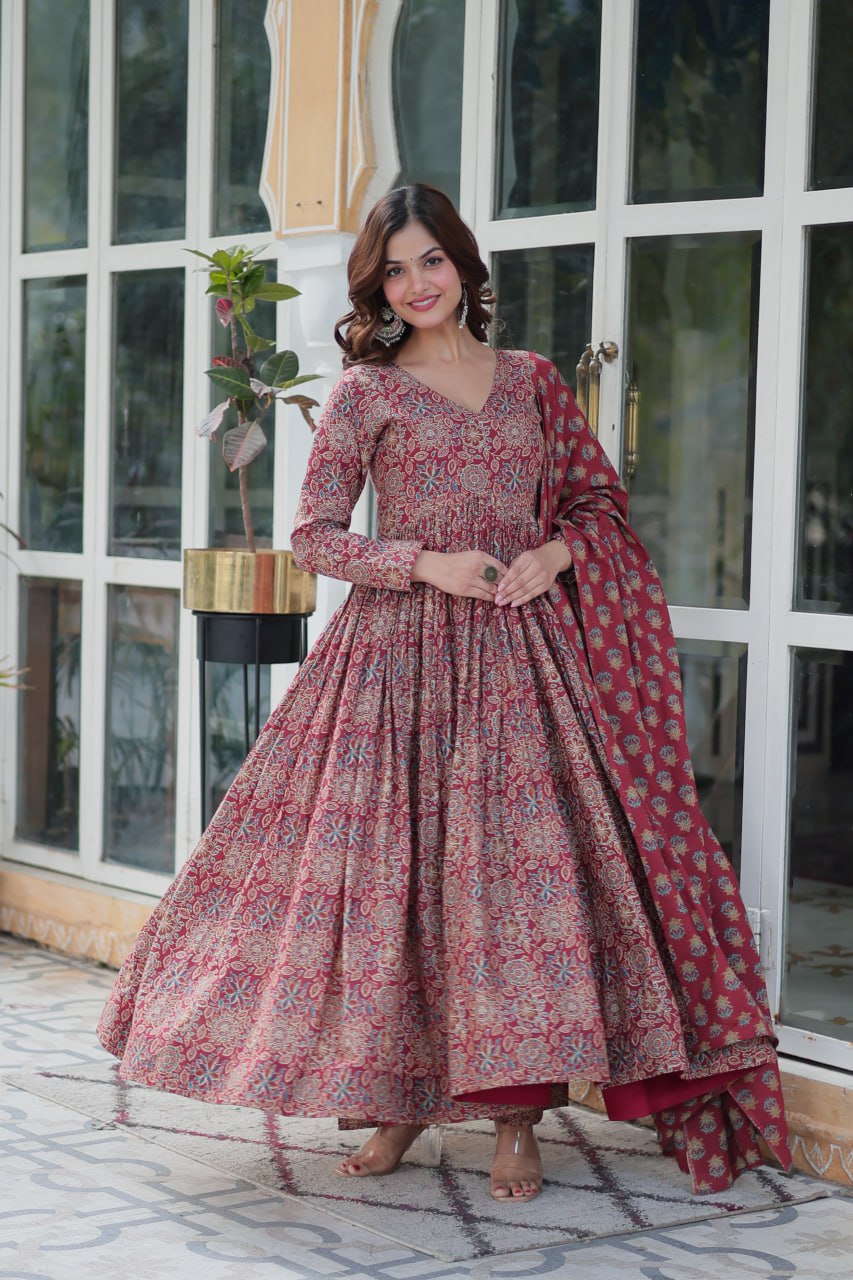 Fabulous Maroon Color Pure Cotton Designer Anarkali Suit