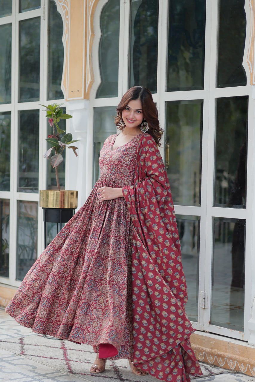 Fabulous Maroon Color Pure Cotton Designer Anarkali Suit