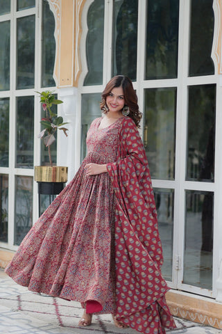 Fabulous Maroon Color Pure Cotton Designer Anarkali Suit