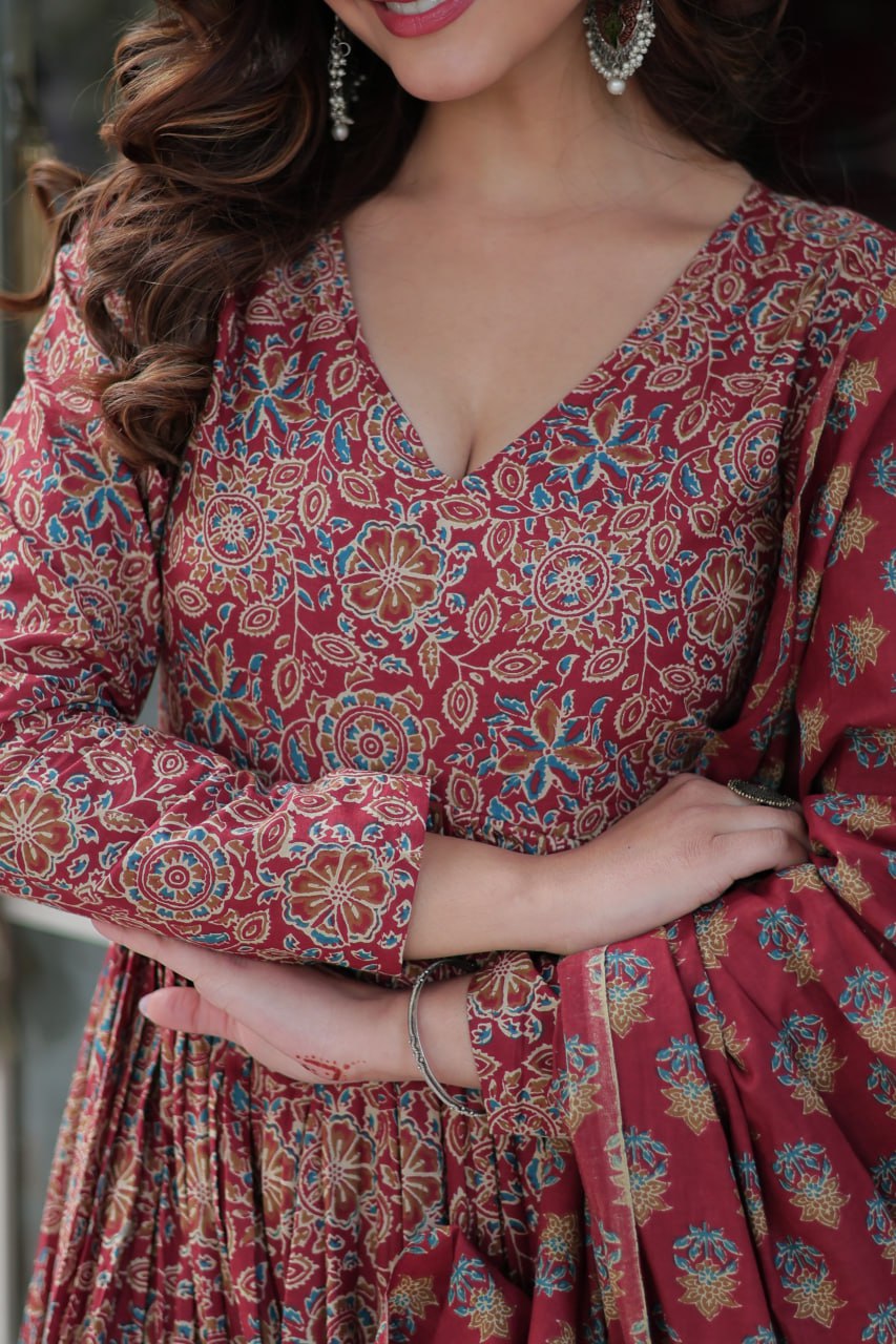 Fabulous Maroon Color Pure Cotton Designer Anarkali Suit