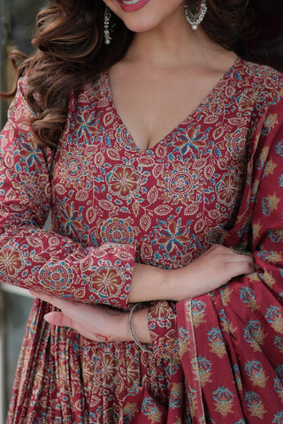 Fabulous Maroon Color Pure Cotton Designer Anarkali Suit