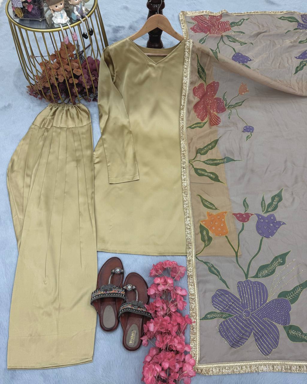 Luxuriant Cream Color Heavy Japan Satin Silk Beautiful Salwar Suit