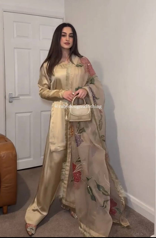 Luxuriant Cream Color Heavy Japan Satin Silk Beautiful Salwar Suit