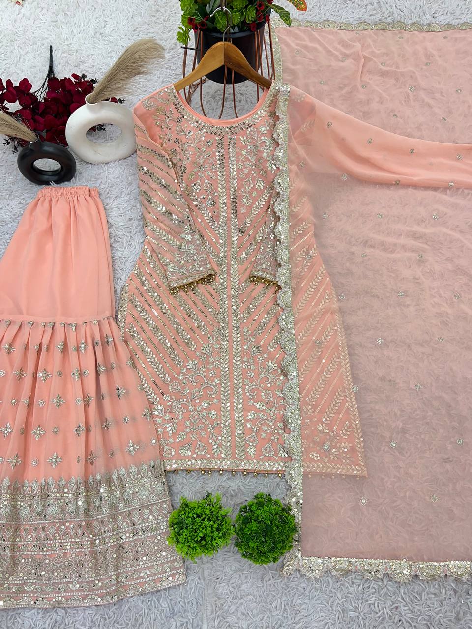 Gorgeous Peach Color Faux Georgette With Embroidery Sequence Work Sharara Suit