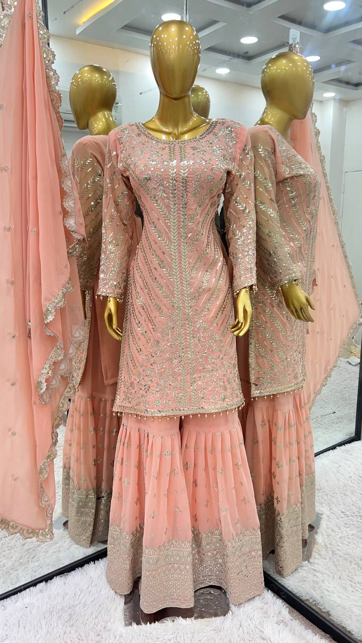 Gorgeous Peach Color Faux Georgette With Embroidery Sequence Work Sharara Suit