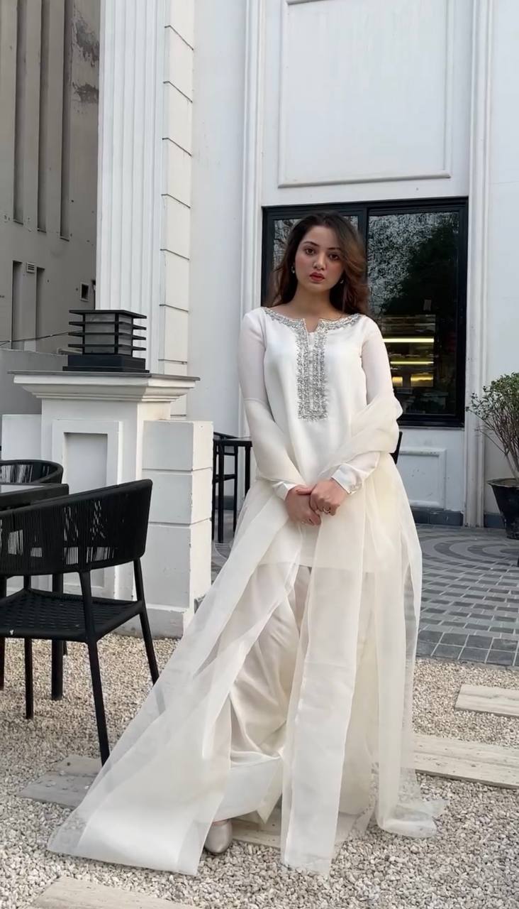 Beautiful White Color Faux Georgette And Embroidery With Hand work And Beads Salwar Suit