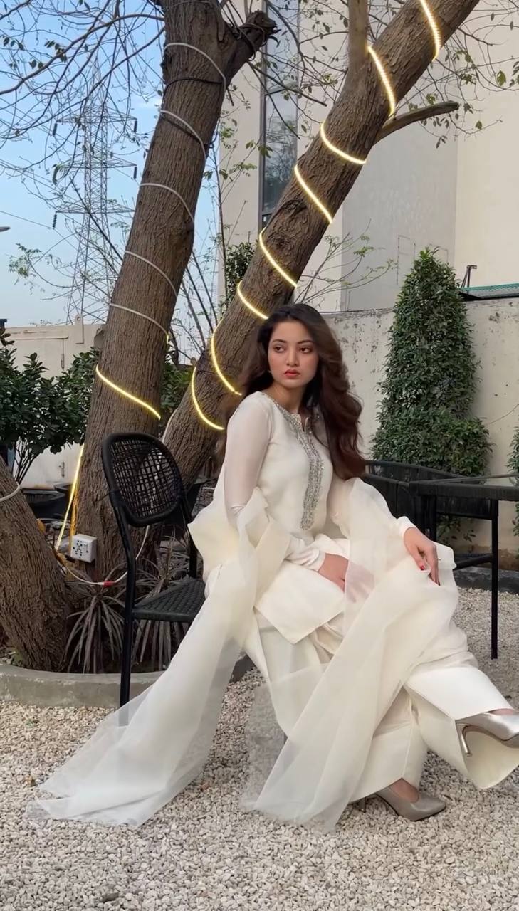 Beautiful White Color Faux Georgette And Embroidery With Hand work And Beads Salwar Suit